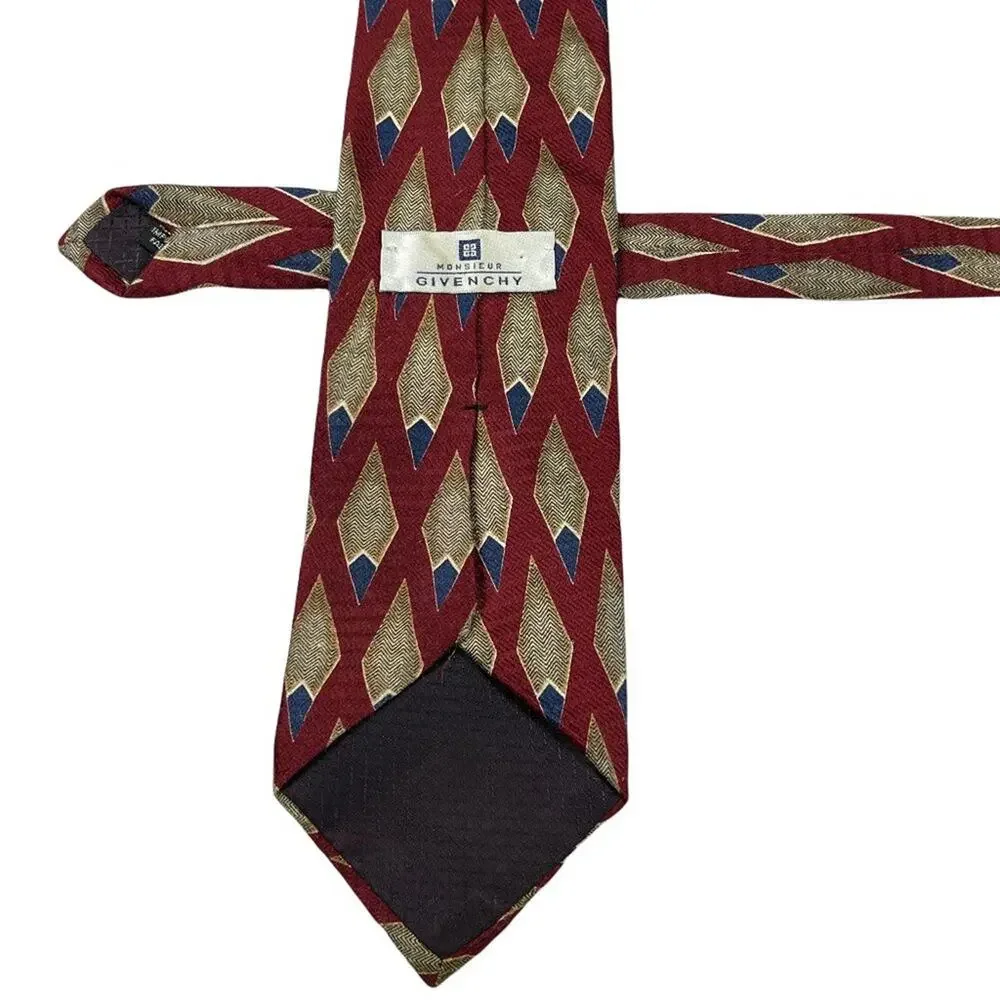 Monsieur Givenchy Burgundy Cream Blue Diamond Silk Necktie Men’s 59.75